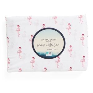Cynthia Rowley Christmas flamingo Santa sheet Set Queen NEW